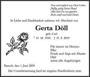 Traueranzeige von Gerta Döll von Giessener Allgemeine, Alsfelder Allgemeine