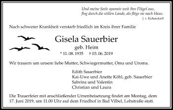 Traueranzeige von Gisela Sauerbier von Bad Vilbel/Karben