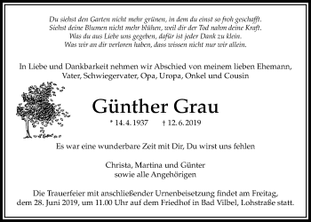 Traueranzeige von Günter Grau von Bad Vilbel/Karben