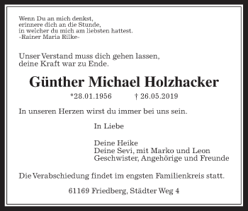Traueranzeige von Günther Michael Holzhacker von Wetterauer Zeitung