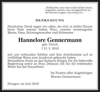 Traueranzeige von Hannelore Gennermann von Licher Wochenblatt