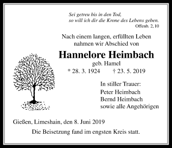 Traueranzeige von Hannelore Heimbach von Giessener Allgemeine, Alsfelder Allgemeine