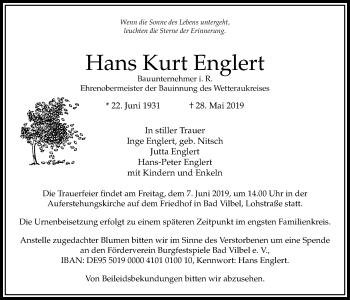Traueranzeige von Hans Kurt Englert von Bad Vilbel/Karben