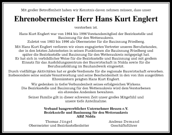 Traueranzeige von Hans Kurt Englert von Wetterauer Zeitung