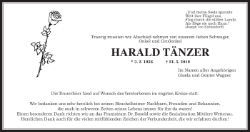 Traueranzeige von Harald Tänzer von Wetterauer Zeitung