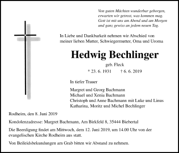 Traueranzeige von Hedwig Bechlinger von Giessener Allgemeine, Alsfelder Allgemeine