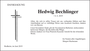 Traueranzeige von Hedwig Bechlinger von Giessener Allgemeine, Alsfelder Allgemeine