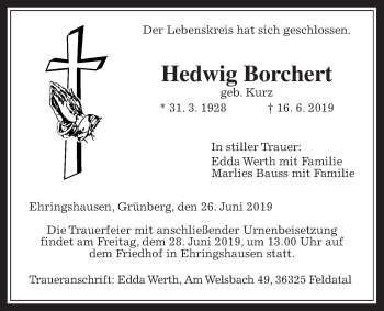 Traueranzeige von Hedwig Borchert von Alsfelder Allgemeine