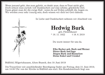 Traueranzeige von Hedwig Burk von Giessener Allgemeine, Alsfelder Allgemeine
