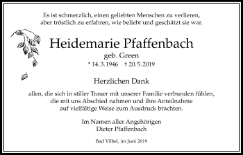 Traueranzeige von Heidemarie Pfaffenbach von Bad Vilbel/Karben