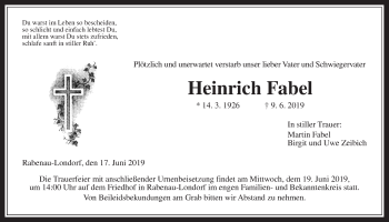 Traueranzeige von Heinrich Fabel von Giessener Allgemeine, Alsfelder Allgemeine