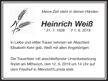 Traueranzeige von Heinrich Weiss von Giessener Allgemeine, Alsfelder Allgemeine