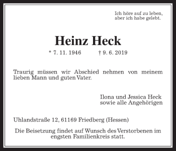 Traueranzeige von Heinz Heck von Wetterauer Zeitung