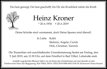 Traueranzeige von Heinz Kroner von Bad Vilbel/Karben