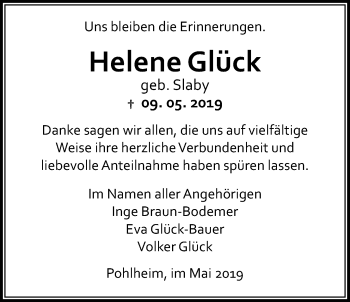 Traueranzeige von Helene Glück von Giessener Allgemeine, Alsfelder Allgemeine