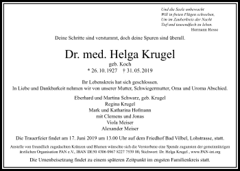 Traueranzeige von Helga Krugel von Bad Vilbel/Karben