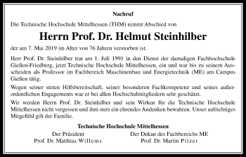 Traueranzeige von Helmut Steinhilber von Giessener Allgemeine, Alsfelder Allgemeine