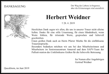Traueranzeige von Herbert Weidner von Giessener Allgemeine, Alsfelder Allgemeine