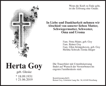 Traueranzeige von Herta Goy von Wetterauer Zeitung