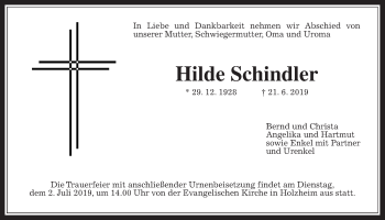 Traueranzeige von Hilde Schindler von Giessener Allgemeine, Alsfelder Allgemeine