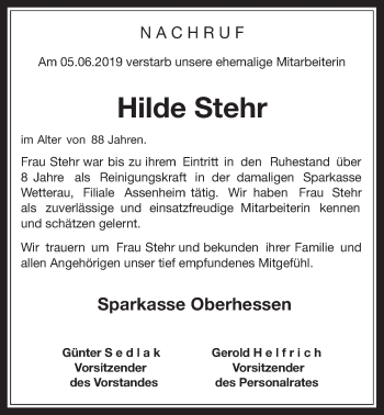 Traueranzeige von Hilde Stehr von Wetterauer Zeitung