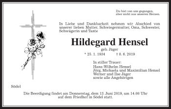 Traueranzeige von Hildegard Hensel von Wetterauer Zeitung