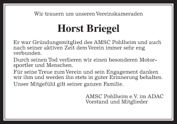 Traueranzeige von Horst Briegel von Giessener Allgemeine, Alsfelder Allgemeine