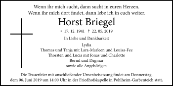 Traueranzeige von Horst Briegel von Giessener Allgemeine, Alsfelder Allgemeine