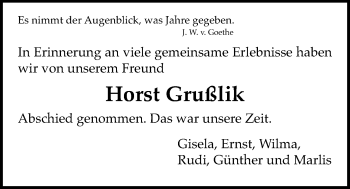 Traueranzeige von Horst Grußlik von Mücker Stimme