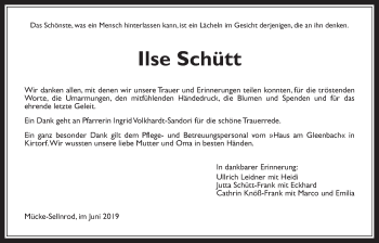 Traueranzeige von Ilse Schütt von Mücker Stimme