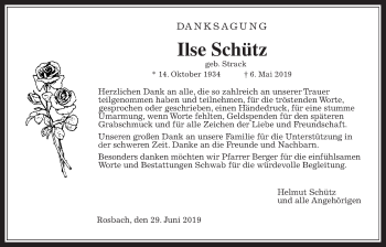 Traueranzeige von Ilse Schütz von Wetterauer Zeitung