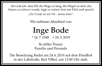 Traueranzeige von Inge Bode von Bad Vilbel/Karben