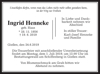 Traueranzeige von Ingrid Henneke von Giessener Allgemeine, Alsfelder Allgemeine