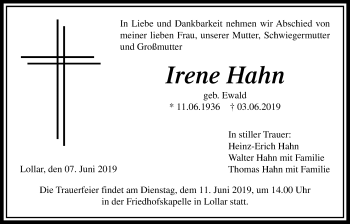 Traueranzeige von Irene Hahn von Giessener Allgemeine, Alsfelder Allgemeine