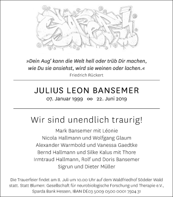 Traueranzeige von Julius Leon Bansemer von Wetterauer Zeitung
