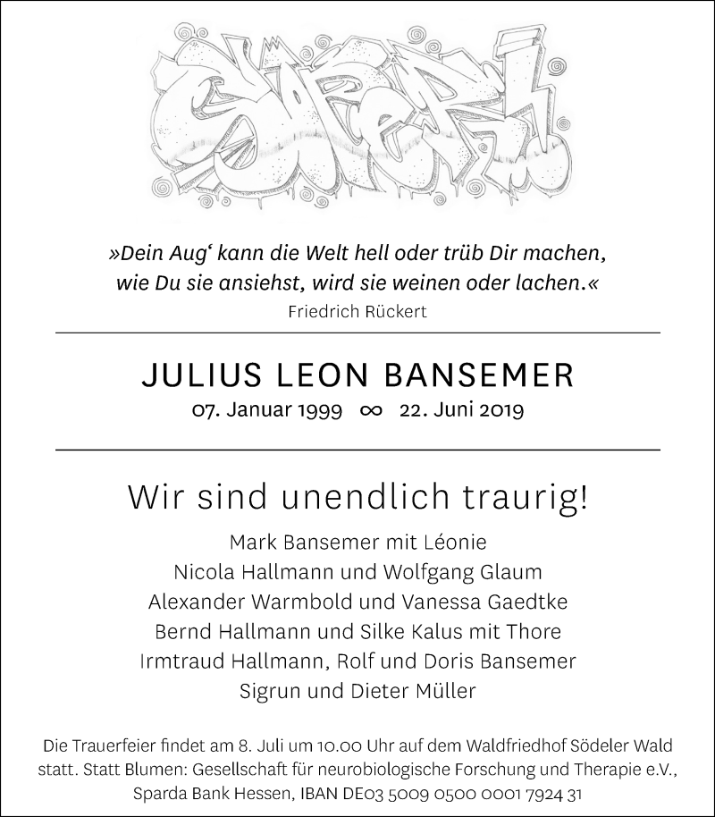  Traueranzeige für Julius Leon Bansemer vom 29.06.2019 aus Wetterauer Zeitung
