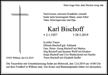 Traueranzeige von Karl Bischoff von Giessener Allgemeine, Alsfelder Allgemeine