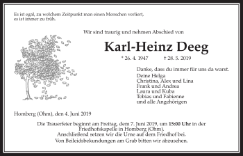 Traueranzeige von Karl-Heinz Deeg von Alsfelder Allgemeine