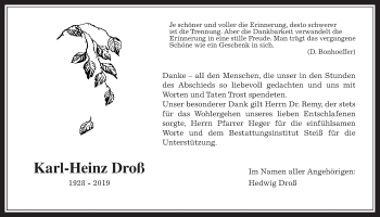 Traueranzeige von Karl-Heinz Droß von Giessener Allgemeine, Alsfelder Allgemeine