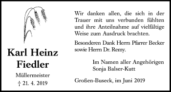 Traueranzeige von Karl Heinz Fiedler von Giessener Allgemeine, Alsfelder Allgemeine