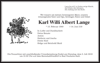 Traueranzeige von Karl Willi ALbert Lange von Wetterauer Zeitung