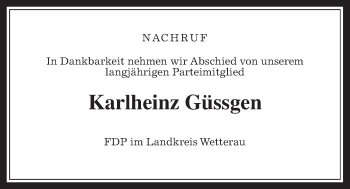 Traueranzeige von Karlheinz Güssgen von Wetterauer Zeitung