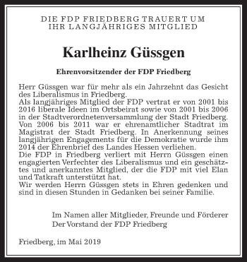 Traueranzeige von Karlheinz Güssgen von Wetterauer Zeitung