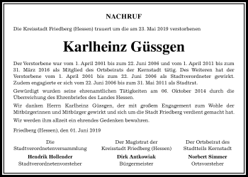 Traueranzeige von Karlheinz Güssgen von Wetterauer Zeitung