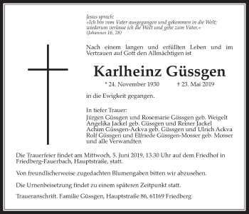 Traueranzeige von Karlheinz Güssgen von Wetterauer Zeitung