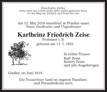 Traueranzeige von Karlheinz Friedrich Zeise von Giessener Allgemeine, Alsfelder Allgemeine