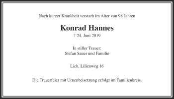 Traueranzeige von Konrad Hannes von Giessener Allgemeine, Alsfelder Allgemeine