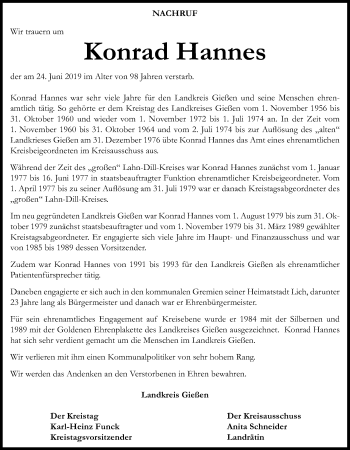 Traueranzeige von Konrad Hannes von Giessener Allgemeine, Alsfelder Allgemeine