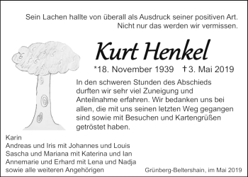 Traueranzeige von Kurt Henkel von Giessener Allgemeine, Alsfelder Allgemeine