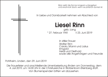 Traueranzeige von Liesel Rinn von Giessener Allgemeine, Alsfelder Allgemeine